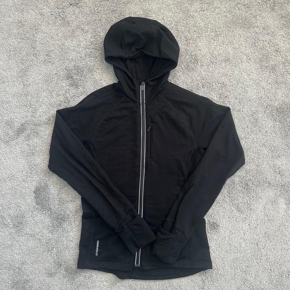 Icebreaker GT Hoodie Woman M Black Merino Wool Full Zip Thumbholes Activewear